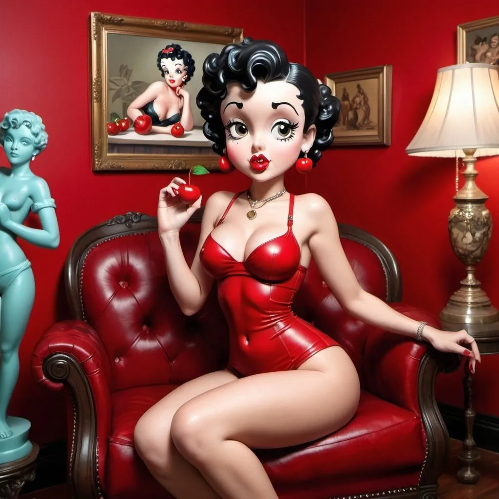 Prompt: Betty boop hip-hop female with extra large revealing cleavage and eating a large cherry  and the room decorated desifned cherries room with statues of cherries also furniture a cherries couch and cherries wallpaper 