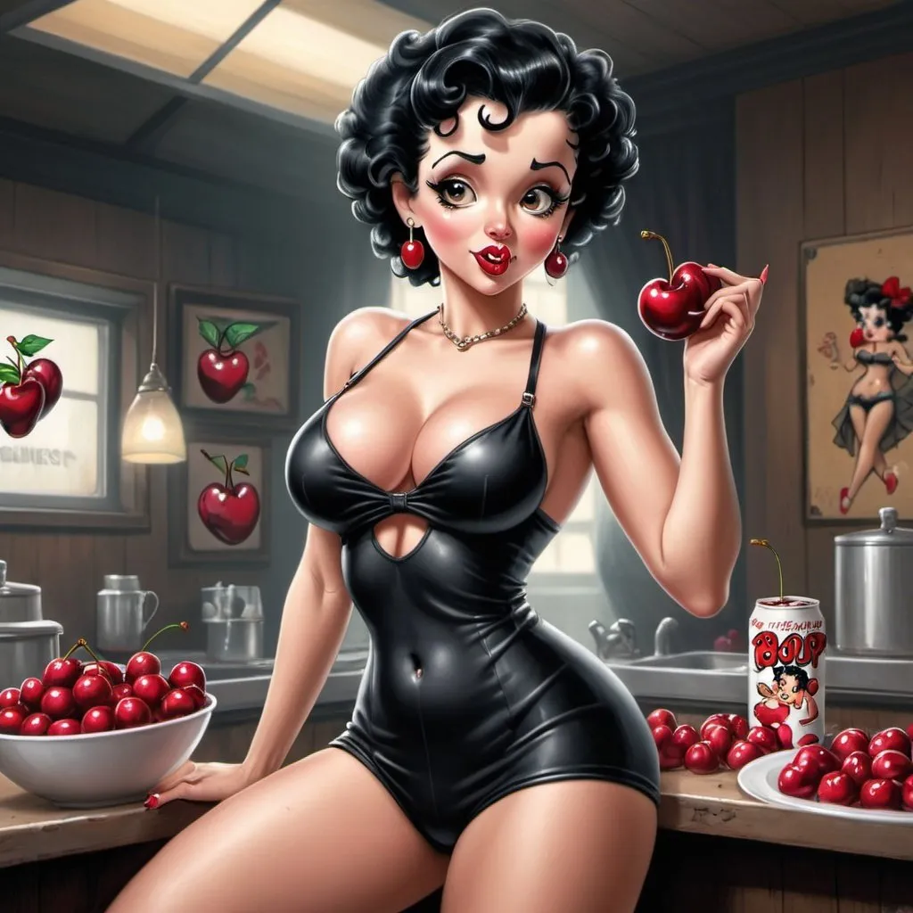 Prompt: Betty boop hip-hop character female with extra large revealing cleavage and holy freyed black tight outfit eand eating a large cherry