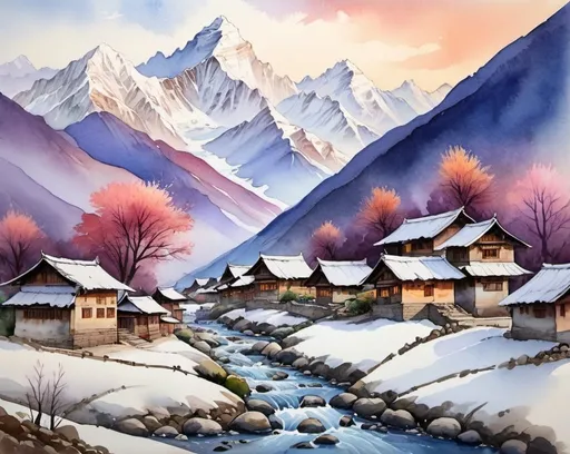 Prompt: Himalayan village painting at dusk, flowing streams, traditional watercolor painting, snow-capped peaks, serene atmosphere, vibrant colors, detailed brushwork, high quality, realistic, traditional art, peaceful, calm lighting, scenic beauty, watercolor, dusk, traditional, detailed mountains, flowing streams, serene, vibrant colors, detailed brushwork