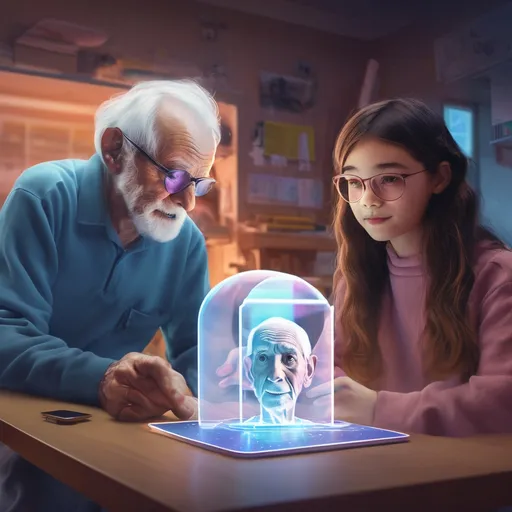 Prompt: Crea una ilustración de un holograma saliendo de un aparato con la cara de un hombre anciano. Junto a él hay una mujer adolescente. Es un espacio pequeño, como un salón de clases.