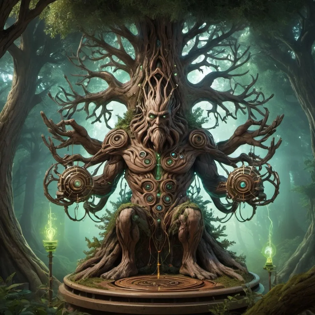 Prompt: . Sylvanus and His Device
Description: Sylvanus, a Cedar tree with an aura of brilliance, in his hidden laboratory. He is surrounded by intricate devices, with a central device ready to activate. The air crackles with potential energy.
