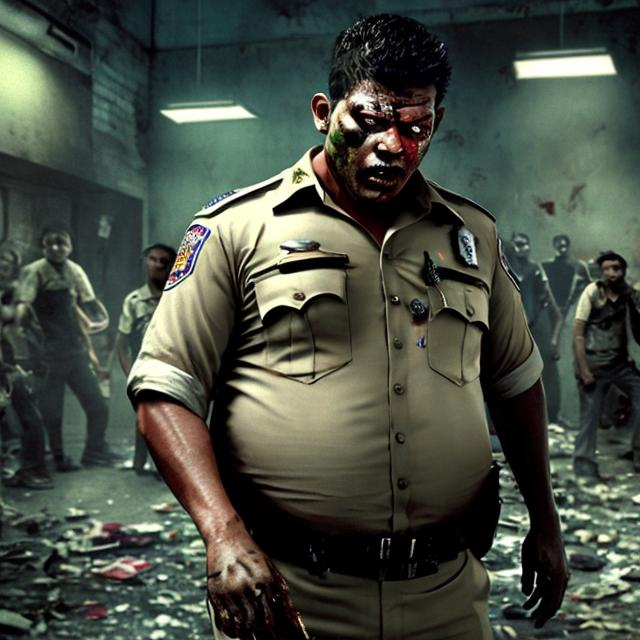 Prompt: in the chaotic messed-up police station, a rotten bulk fat muscular with thick moustsche 40 years hazel haired Indonesian male policeman death body white white eyes , in light khaki indian short sleeved police uniform, khaki trousers, and wearing a wristwatch, They're collapsed death with bleeding slashed throat, and bloody wound . He's zombified policeman,