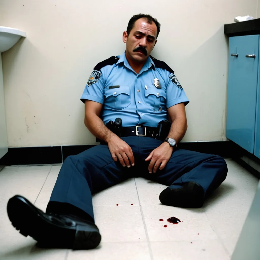 Prompt: in the chaotic messed-up police station a rotten policeman death body with thick moustsche 40 years Hispanic, sat down on floor between the water closet. His head tilted to right side because poisoned colvution. in ice blue short sleeved officer uniform, black trousers, full of blood and wearing a wristwatch, He collapsed death with foaming and bleeding mouth, white eyes out