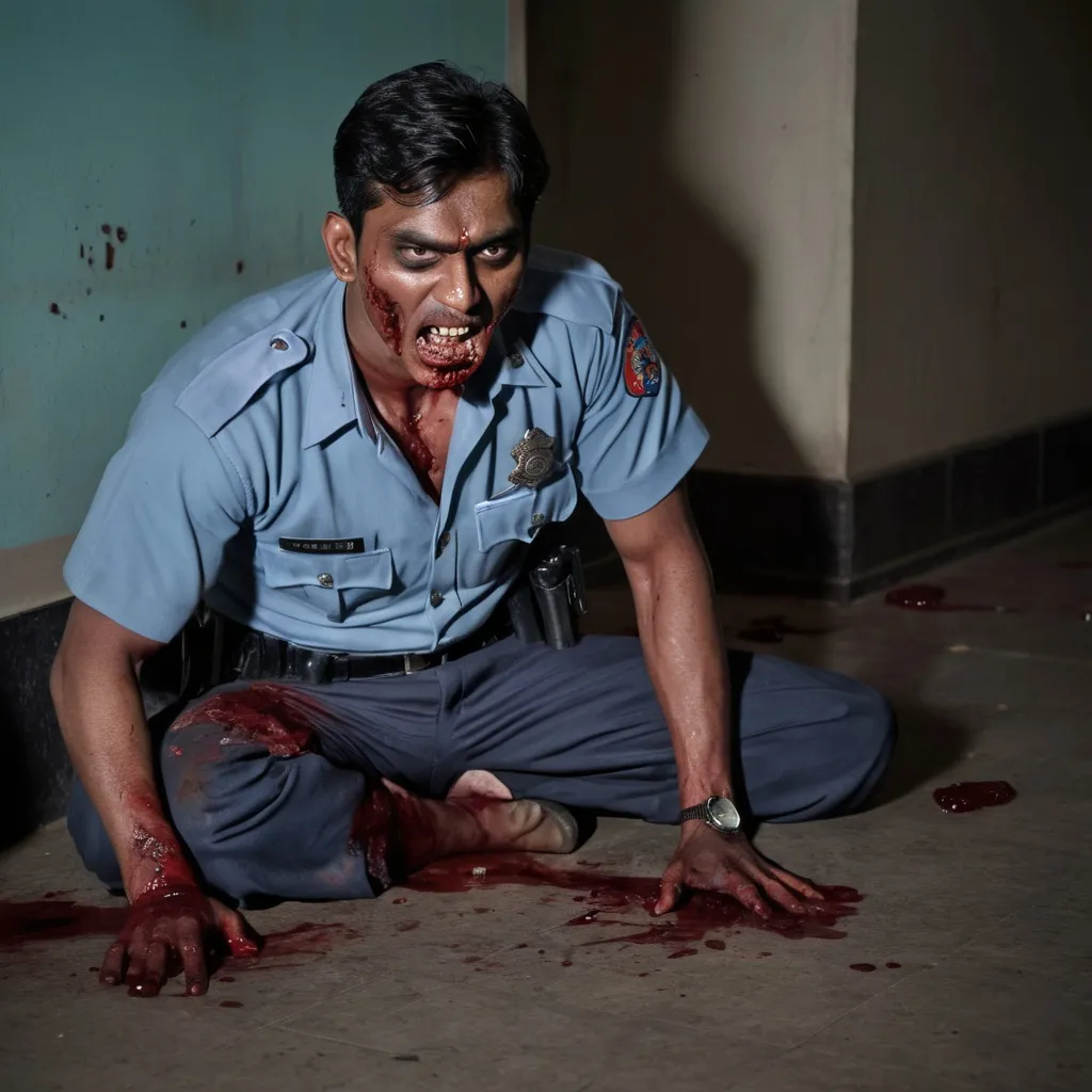 Prompt: in the chaotic and full of corpses  police station main hall, a horde of zombified 40's bulk muscular Indian death body of a policeman wearing a ice blue short-sleeved uniform, black trousers, and a watch was found death with raged and anger, opened mouth, broken body, his face facing down and sat down lean the wall on the bloody floor