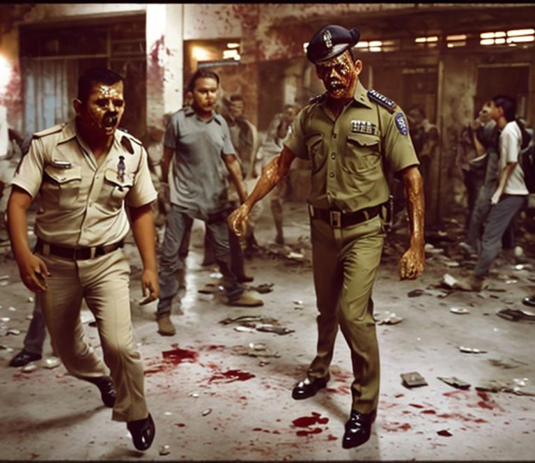 Prompt: in the chaotic messed-up police station, a rotten bulk muscular with thick moustsche 40 years hazel haired Indonesian male policeman death body white white eyes , in light khaki indian short sleeved police uniform, khaki trousers, and wearing a wristwatch, They're collapsed death with bleeding slashed throat, and bloody wound . He's zombified policeman,