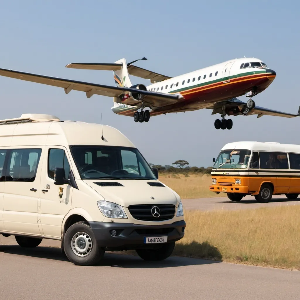 Prompt: An image showing a safari van on the foreground and an aeroplane at the background, creating an impression of  airport transfer service. 