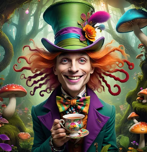 Prompt: Mad Hatter smiling, gracefully holding a whimsical cup of tea, a vibrant backdrop of oversized mushrooms and lush greenery, wearing a colorful eclectic outfit with a tall, unusual hat, enchanted atmosphere full of fantastical elements, bright and whimsical colors, charming lighting that sparks joy, ultra-detailed, whimsical art style reminiscent of classic fairy tales.