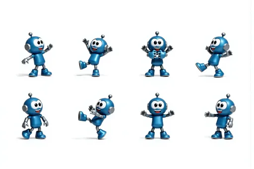 Prompt: cartoonish toy blue robot 0c03a90a with blue glittery body, large eyes, silver hands and ears, propeller on head Multiple instances of the same character in different poses on a white background. The character is shown: Dancing: mid-dance move, arms and legs in rhythmic motion, joyful expression. Making a heart shape: hands forming a heart shape in front of the chest, warm smile. Kicking: one leg extended in a kicking motion, arms for balance, determined look. Walking: mid-stride, one foot in front of the other, natural arm swing, casual pose. Background: Clean white background, providing a pristine backdrop. Ample space between poses. Character design consistent across all poses. Arrange poses in a visually pleasing composition across the image.