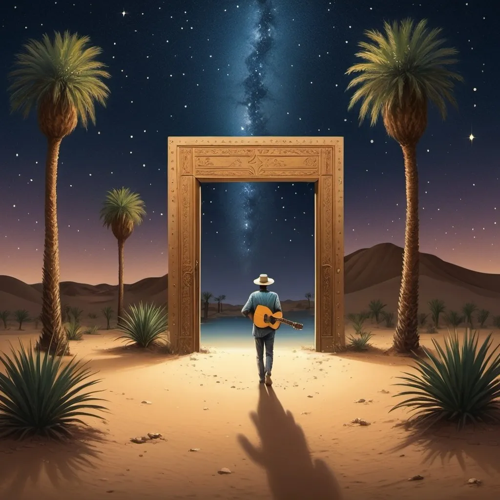 Prompt: Oasis at night The sky has falling stars In the middle of the desert there is water, scattered plants, and date palms. There was a shimmering rectangular shape in the middle, like a door. There was a person walking with his back carrying a guitar.