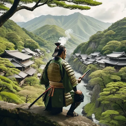 Prompt: Man in samurai armor overlooking Japanese village, lush forest, smoking wooden pipe, scenic cliff, traditional Japanese setting, detailed armor, atmospheric lighting, highres, lush green tones, detailed village, scenic landscape, serene atmosphere, Japanese culture, professional, traditional clothing