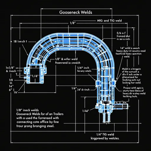 Prompt: A detailed blueprint of the gooseneck portion of a trailer, showcasing the intricate welds that connect the gooseneck to the forward section of the trailer. 
