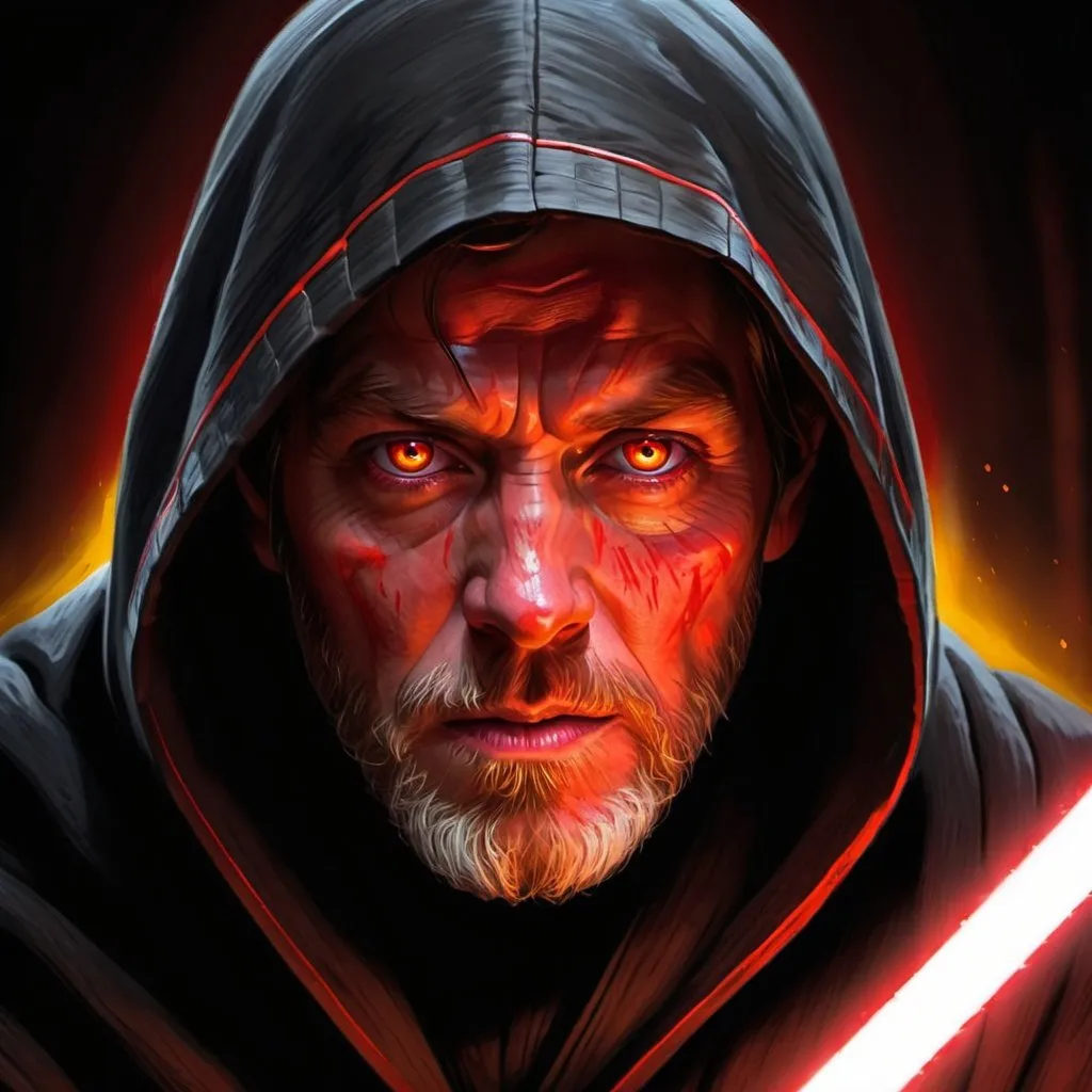 Prompt: Evil Obi-Wan Kenobi with a red lightsaber and yellow glowing sith eyes, high quality, detailed, digital painting, dark and menacing, red lightsaber with intense glow, sinister expression, hooded cloak, swirling dark background, intense and focused gaze, sith, dark side, dramatic lighting, menacing atmosphere