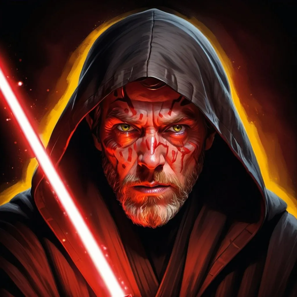 Prompt: Evil Obi-Wan Kenobi with a red lightsaber and yellow glowing sith eyes, high quality, detailed, digital painting, dark and menacing, red lightsaber with intense glow, sinister expression, hooded cloak, swirling dark background, intense and focused gaze, sith, dark side, dramatic lighting, menacing atmosphere