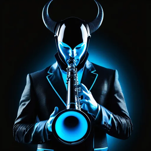 Prompt: Tron futueristic man playing horn in black with glowing blue acsents