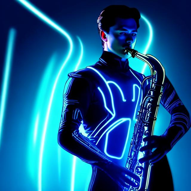 Prompt: Tron futueristic man playing saxophone in black with glowing blue acsents