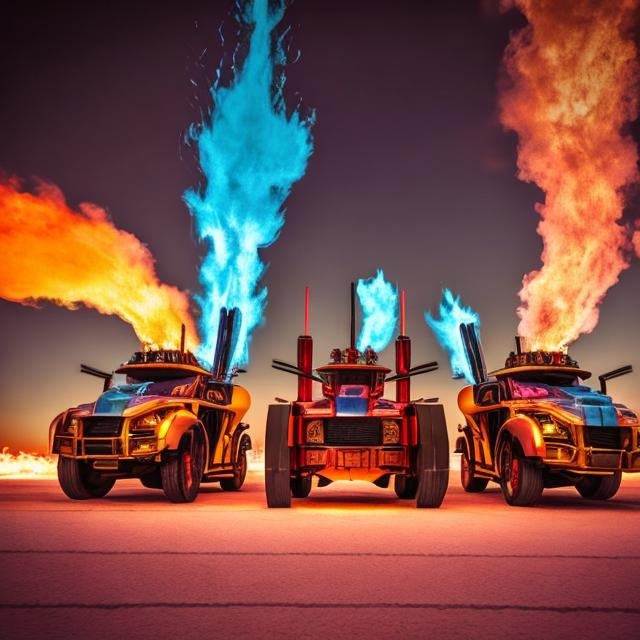 Prompt: Transformers in salt flats flaming with anger ready for war