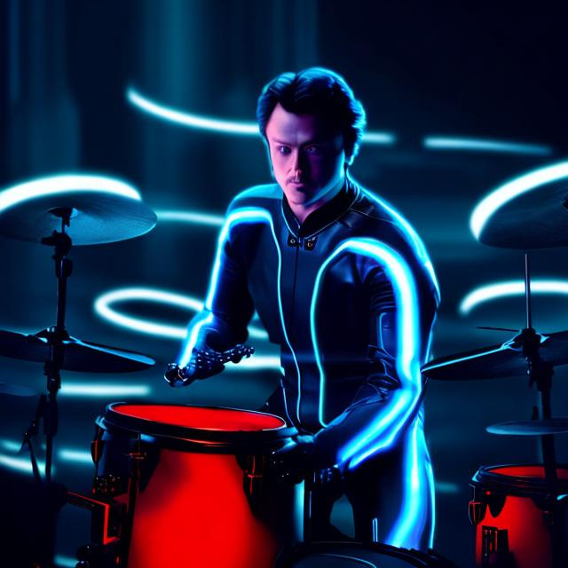 Prompt: Tron futueristic man playing drums in black with glowing blue acsents