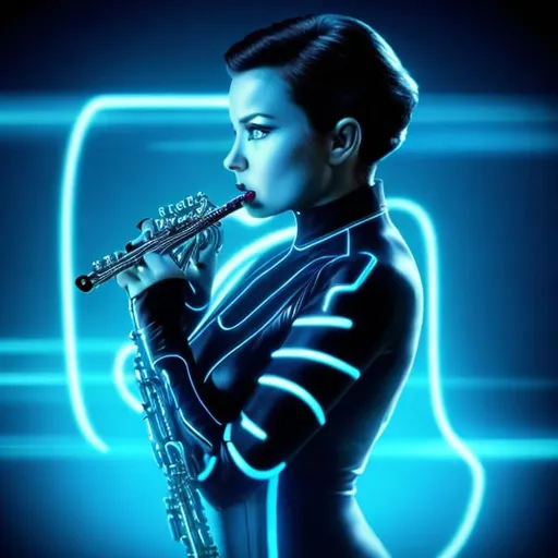 Prompt: Tron futueristic woman playing clarinet in black with glowing blue acsents