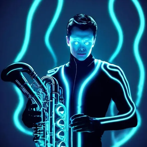 Prompt: Tron futueristic man playing saxphone in black with glowing blue acsents