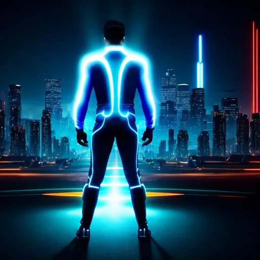 Prompt: Tron futueristic man DJ in black with glowing blue acsents