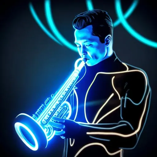 Prompt: Tron futueristic man playing saxphone in black with glowing blue acsents