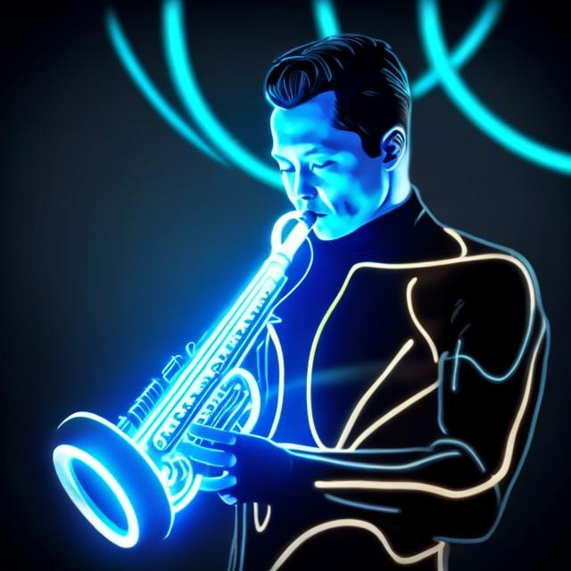 Prompt: Tron futueristic man playing saxphone in black with glowing blue acsents