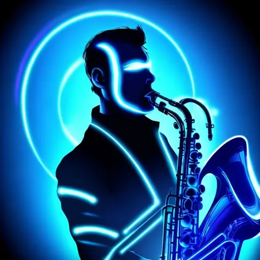 Prompt: Tron futueristic man playing saxophone in black with glowing blue acsents
