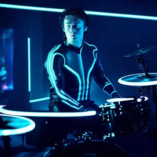 Prompt: Tron futueristic man playing drums in black with glowing blue acsents