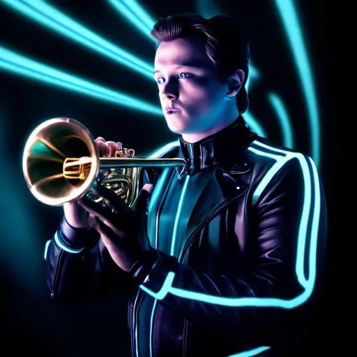 Prompt: Tron futueristic man playing trumpet in black with glowing blue acsents