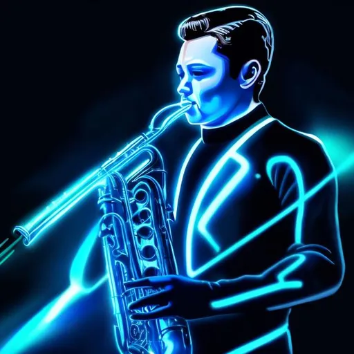 Prompt: Tron futueristic man playing saxphone in black with glowing blue acsents