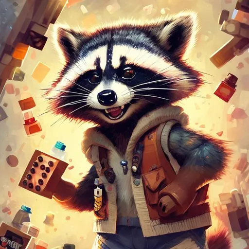 Prompt: Schoolboy raccoon scolded for hogging legos, detailed fur and facial features, traditional painting, playful expression, warm and bright lighting, teacher reprimanding, cute and mischievous vibe, cute animal, detailed clothing, high quality, traditional art style, warm tones, playful lighting