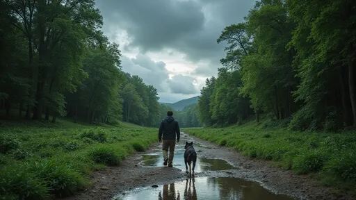 Prompt: photorealistic, a wide shot of a man and his dog walking through a lush, green forest post-rainfall, dark, dramatic clouds overhead, shimmering puddles reflecting their figures, muddy ground enriching the scene, serene yet dynamic atmosphere, rich textures, detailed foliage, earthy tones, hints of moisture in the air, high-quality, ultra-detailed.