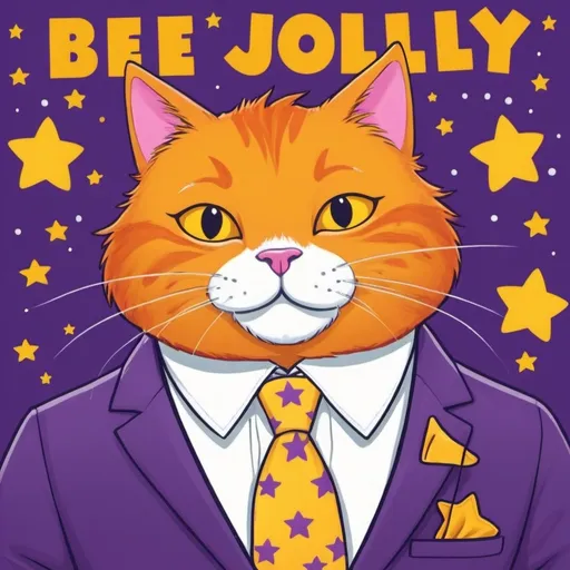 Prompt: a cartoon like poster with an orange cat with a purple jacket with yellow stars on the jacket with a tie and it says BE JOLLY