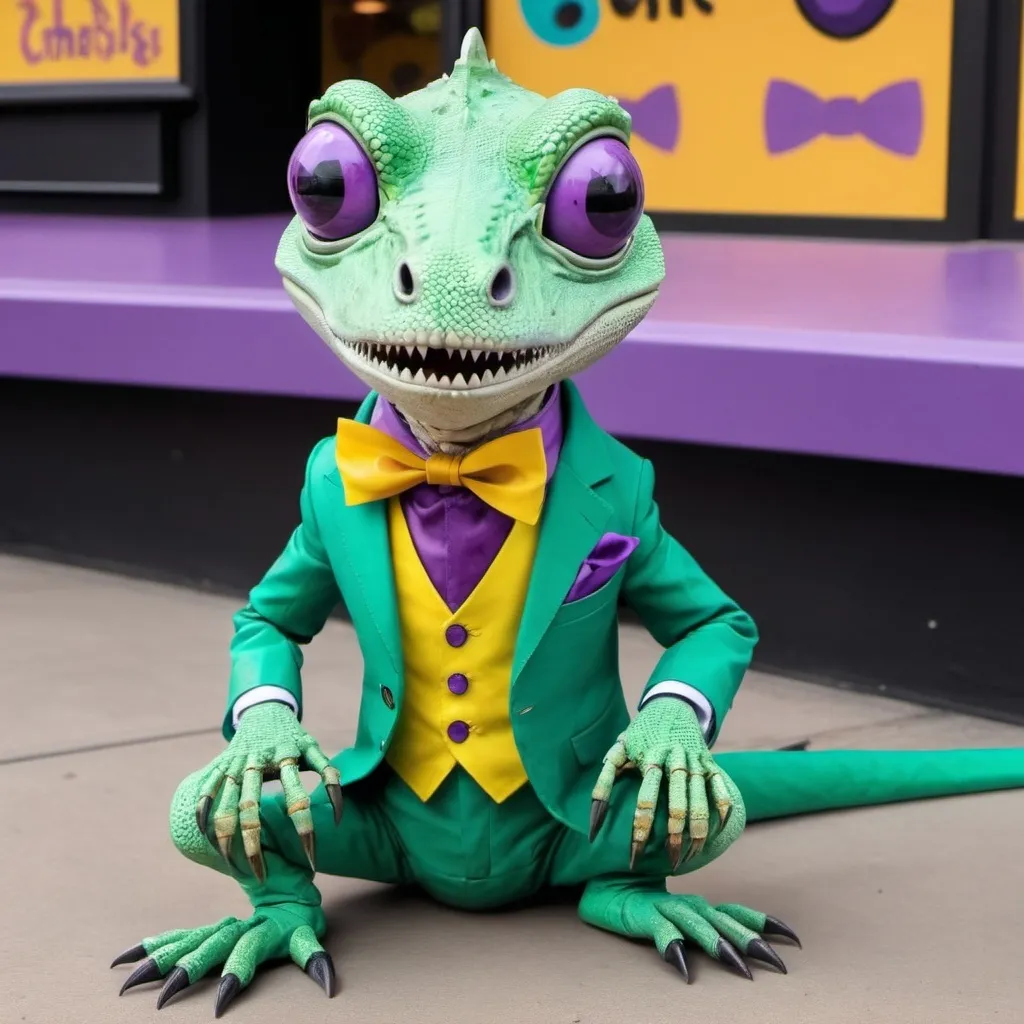 Prompt: a green lizard animatronic that and looks like a chuck e cheese animatronic that is sitting on the ground with completely black eyes creepy that is missing an eye with a purple jacket and with a yellow bow tie with a robot arm