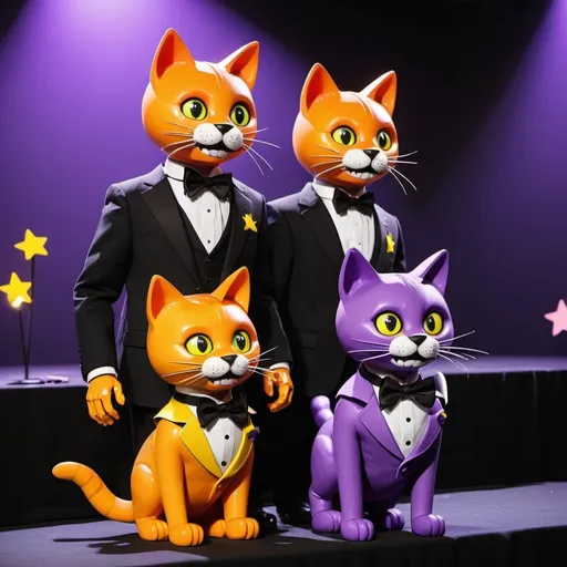 Prompt: a stage with a orange animatronic cat with a purple jacket with yellow stars on it with a black tie with another purple animatronic with a yellow jacket with a black bow tie with purple stars creepy side angle 2 animatronics