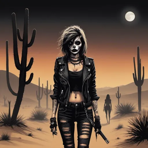 Prompt: illustrazione  stile Horror/Punk notte nebbia deserto gang donne messicane