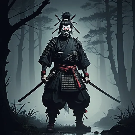 Prompt: illustrazione stile Horror/Punk notte nebbia forestaDonna/samurai