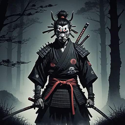 Prompt: illustrazione stile Horror/Punk notte nebbia forestaDonna/samurai