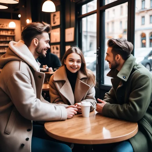 Prompt: a young lady with her guy friends in a big cozy coat in a cafe talking