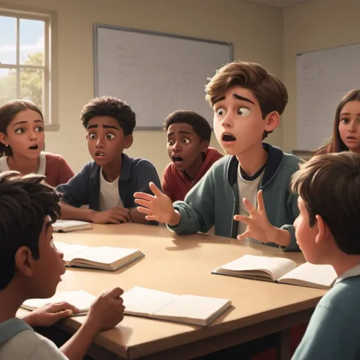 Prompt: An animated image that looks like a painting of a teenage boy telling a story in class while surrounded by friends