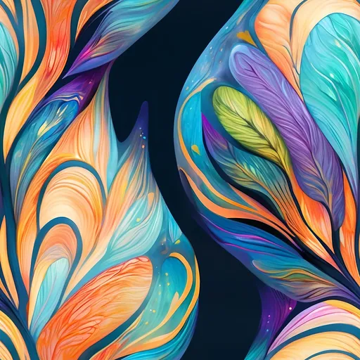 Prompt: An abstract, colorful artwork featuring vibrant, translucent textures and organic, flowing shapes. The design showcases a mix of glowing hues such as turquoise, orange, yellow, and purple, blending harmoniously to create a dreamlike, ethereal effect. The composition includes delicate, intricate patterns reminiscent of wings or natural elements, with a soft, radiant light emanating from the center. The style should evoke a sense of wonder and fluidity, ideal for use as an artistic, surreal background
seamless edges