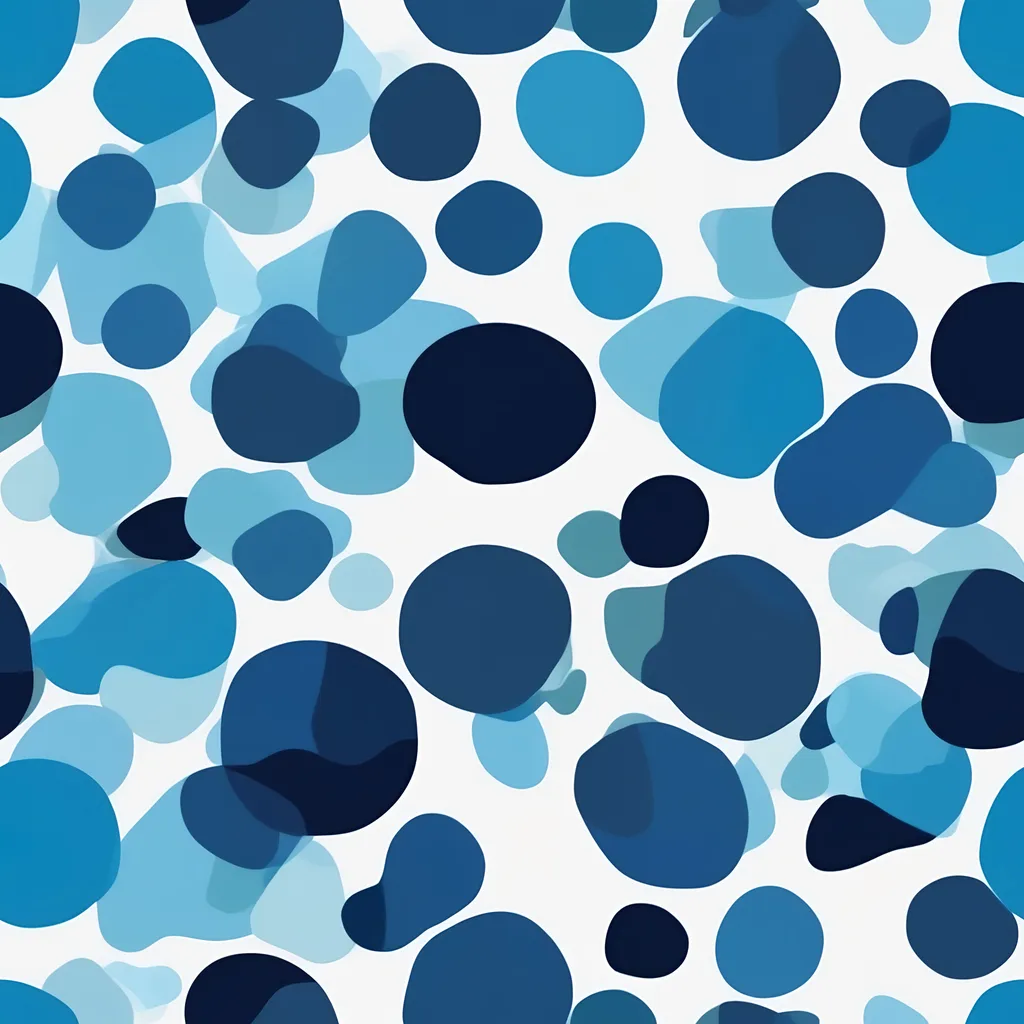 Prompt: Create a seamless, abstract camouflage pattern with fewer and larger shapes, emphasizing a clean and modern aesthetic. Use smooth, flowing edges and a palette of cool blue tones, ranging from light aqua to deep navy. The design should be minimalist, with a balanced distribution of colors and negative space, avoiding clutter while maintaining the essence of a camouflage pattern. Ensure the pattern is suitable for use as a repeating texture