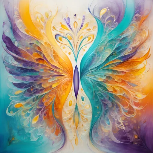 Prompt: An abstract, colorful artwork featuring vibrant, translucent textures and organic, flowing shapes. The design showcases a mix of glowing hues such as turquoise, orange, yellow, and purple, blending harmoniously to create a dreamlike, ethereal effect. The composition includes delicate, intricate patterns reminiscent of wings or natural elements, with a soft, radiant light emanating from the center. The style should evoke a sense of wonder and fluidity, ideal for use as an artistic, surreal background