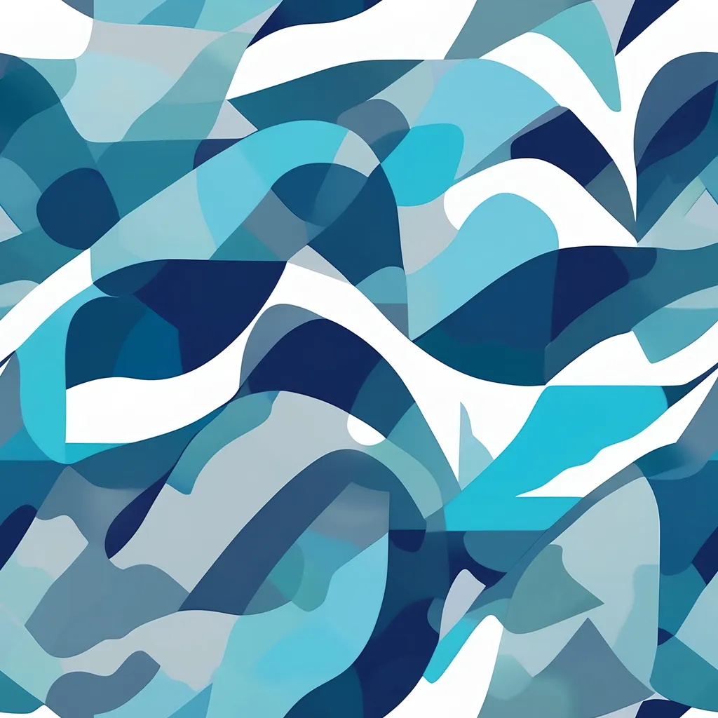 Prompt: Create a seamless, abstract camouflage pattern with fewer and larger shapes, emphasizing a clean and modern aesthetic. Use smooth, flowing edges and a palette of cool blue tones, ranging from light aqua to deep navy. The design should be minimalist, with a balanced distribution of colors and negative space, avoiding clutter while maintaining the essence of a camouflage pattern. Ensure the pattern is suitable for use as a repeating texture seamless edges