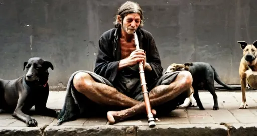 Prompt: A lean old beggar ,dark-skinned in street playing flute with torn clothes ,dogs by his side,expressive facial reaction