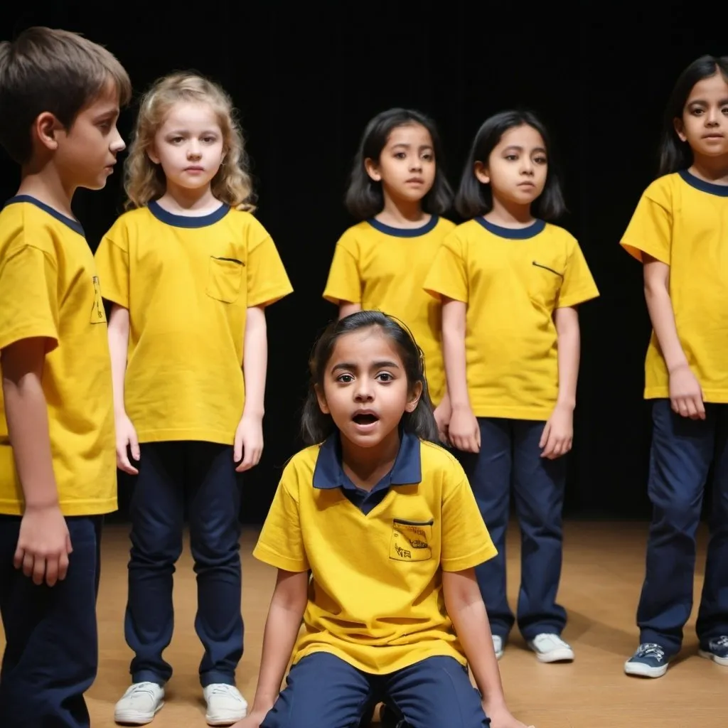 Prompt: Primary students in theatre playing a play with yellow teeshirt without a logo or shool name in it and dark blue trousers
