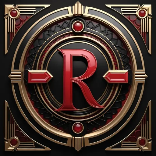Prompt: Rossumovi Univerzální Roboti (Rossum's Universal Robots) logo in Art Deco Style, Crimson, Brass and Black colors. Feature the abbreviation "R.U.R." prominently