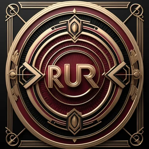 Prompt: (accurately spelled text "R.U.R."), (Art Deco style), striking logo design, luxurious crimson, gleaming brass accents, deep black background, geometric patterns, elegant curves, bold typography, alluring vintage vibe, contemporary artistry, intricate details, emphasizing innovation, high quality, ultra-detailed, modern classic fusion.
