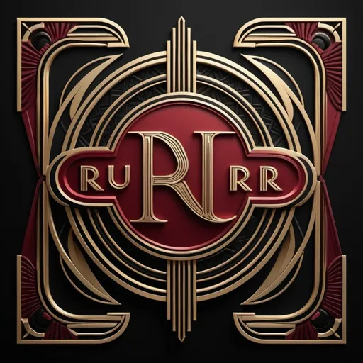 Prompt: (accurately spelled text "R.U.R."), (Art Deco style), striking logo design, luxurious crimson, gleaming brass accents, deep black background, geometric patterns, elegant curves, bold typography, alluring vintage vibe, contemporary artistry, intricate details, emphasizing innovation, high quality, ultra-detailed, modern classic fusion.