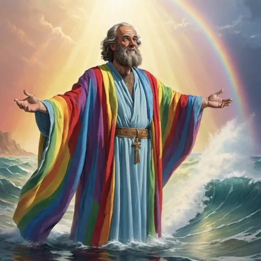 Prompt: Gay Moses in a rainbow robe dividing the red sea. 